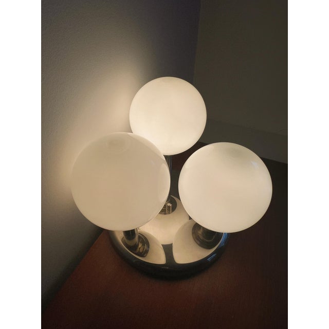 Metal Vintage Space Age Chrome Ceiling Lamp with 3 Opaline Glass Spheres from Kalmar, 1980s For Sale - Image 7 of 11