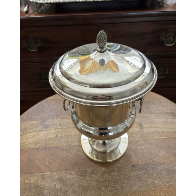 Early 20th Century Early Twentieth Century Entity Classic Silver Plated Footed Champagne Bucket Chiller With Lion-Head Door Knocker Handles and Lid With Finial For Sale - Image 5 of 12