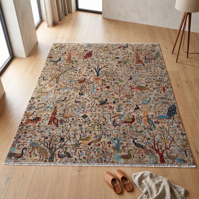 Farmhouse Bird of Paradise Area Rug, Hand-Knotted Wool, Pictorial, 8x10, Beige & Teal For Sale - Image 3 of 11