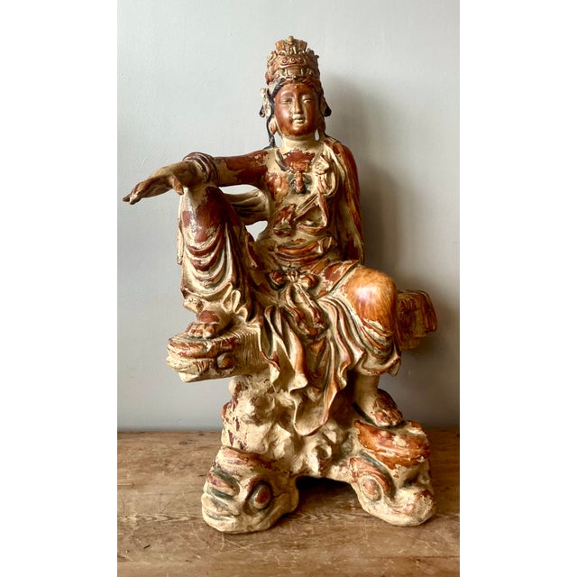 Vintage Asian Carved Wood Guanyin Statue For Sale - Image 4 of 7