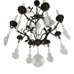 Vintage Wrought Iron Rock Crystal 8 Arm Chandelier
