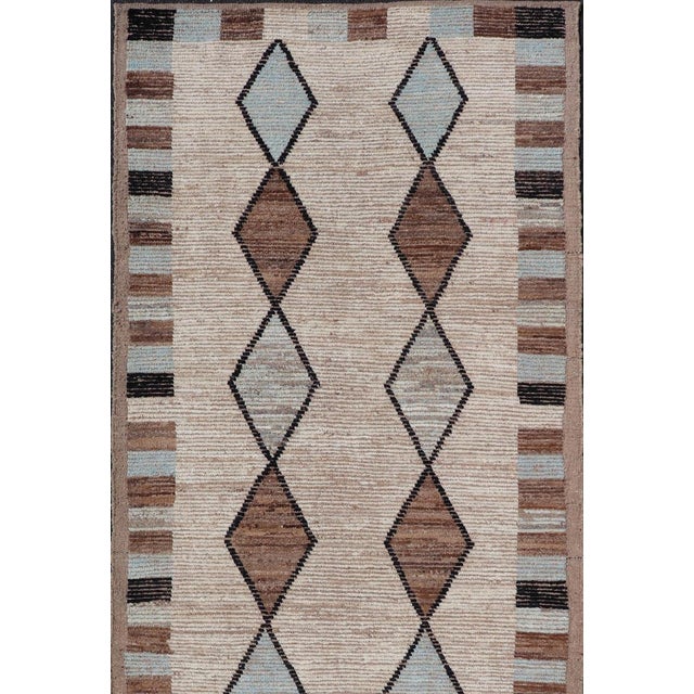 Tribal Moroccan Tribal Runner With Geometric Design in Earthy Browns and Cool Blue 4'5 X 12'5 For Sale - Image 3 of 11
