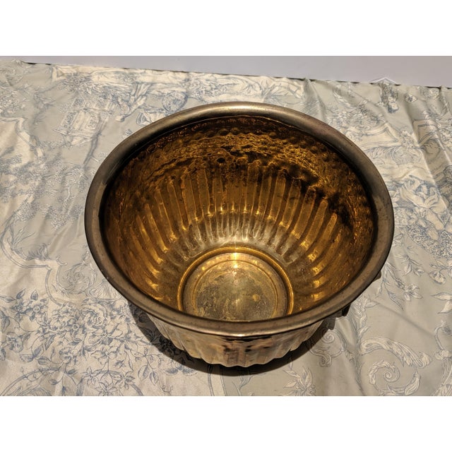 Brass Vintage Hammered Brass Cachepot Jardiniere With Lion Head Ring Pulls For Sale - Image 8 of 11