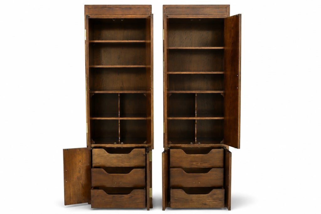 1970s Pair of Vintage Henredon Campaign-Style Wood Armoires With Brass Hardware — view 7