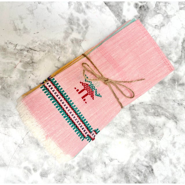 Vintage unused cotton linen hand loomed petite napkins or finger towels. Great as cocktail napkins. Festive embroidered...