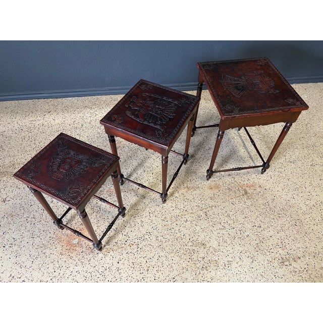 Antique Hand-Crafted Mahogany Nesting Tables With Leather Tops, 1910 For Sale - Image 15 of 17
