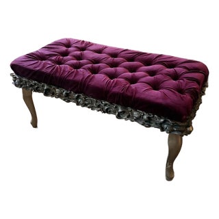 Antique Carved Giltwood Bench in Newly Upholstered Plum Velvet For Sale