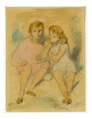 Sitting Children - Pencil and Watercolor Drawing by A. Devéria -Mid 19th Century Mid 19th Century