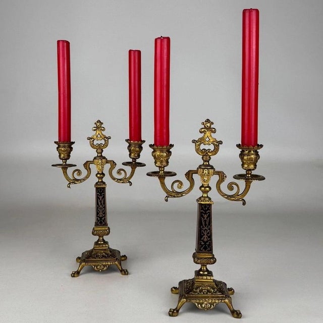 19th Century Antique French Brass and Ebony 2-Light Candelabras, Set of 2 For Sale - Image 3 of 10