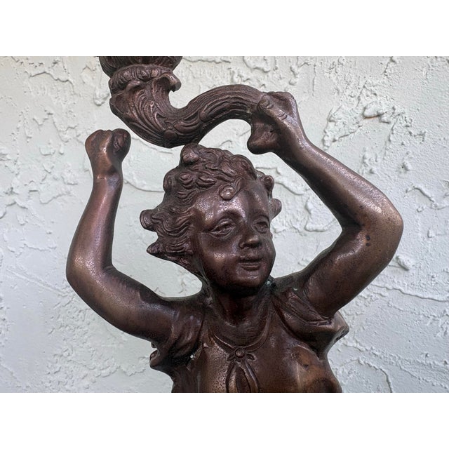 Antique-Style Figural Cherub Candle Holder in Cast Metal With Rococo Base 19.5” For Sale - Image 4 of 12