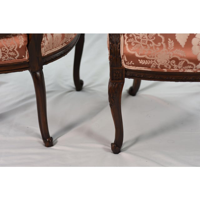 The House of Scalamandre New Scalamandre Damask on 1920s Louis XV-style Bergere Accent Chairs, Reupholstered Pair French Provincial Armchairs For Sale - Image 4 of 9