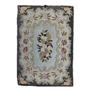 Vintage American Hand Hooked Rug, Wool & Cotton, Floral Pattern, Folk Art, 4x6 For Sale