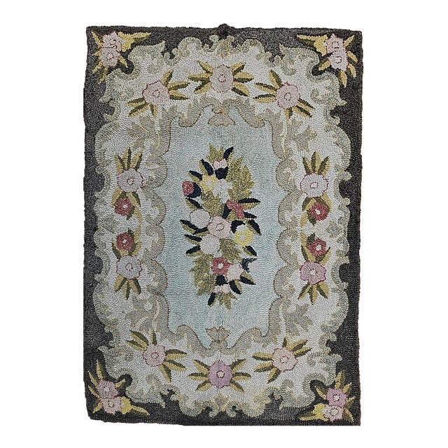 Vintage American Hand Hooked Rug, Wool & Cotton, Floral Pattern, Folk Art, 4x6 For Sale