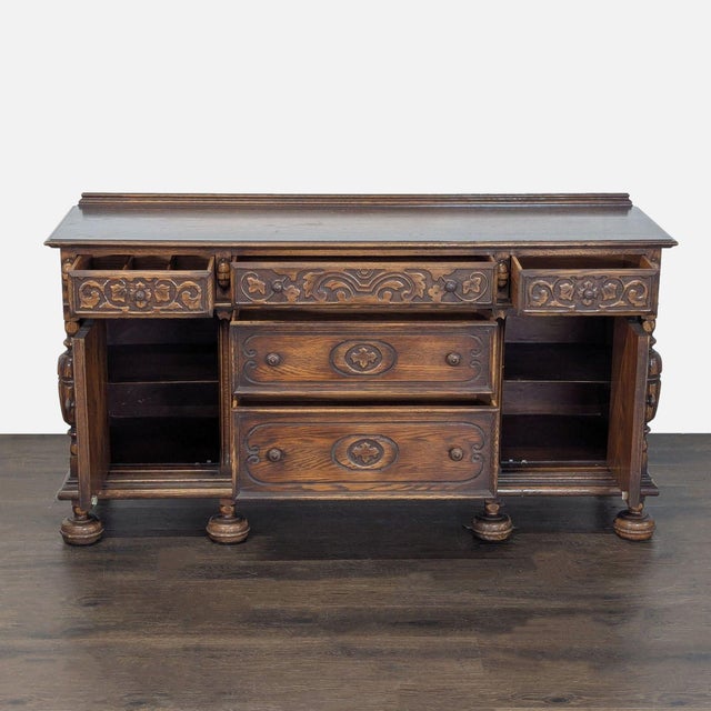 Traditional Vintage Wood Carved Sideboard For Sale - Image 3 of 9