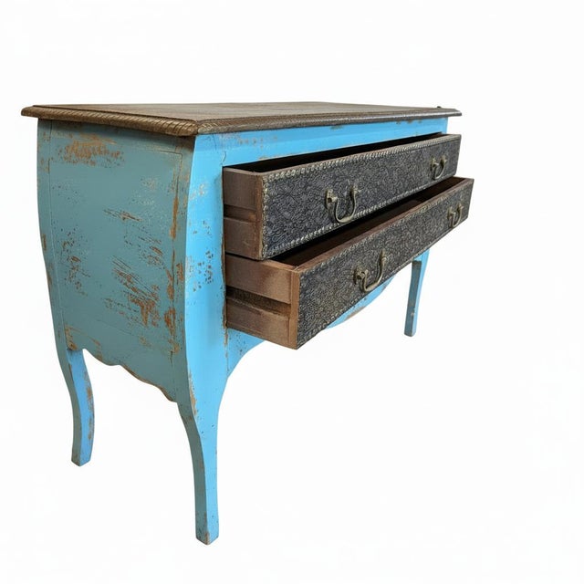 Wood 1990s Distressed Blue Wooden Console Accented With Hand Hammered Brass Foil For Sale - Image 7 of 7