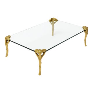 1970s Italian Maison Jansen Inspired Gilt Metal Faux Bois Glass Top Coffee Table For Sale