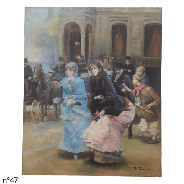 Signed oil on canvas by F. Renard, circa late 20th century, depicting elegantly dressed figures in a bustling city street...
