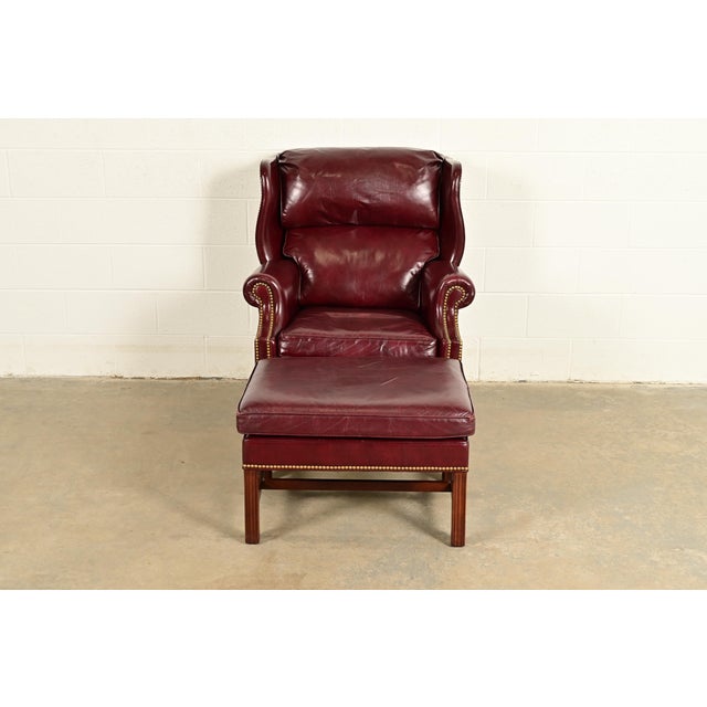 1980s Hancock & Moore Chippendale Wingback Leather Lounge Chair With Ottoman For Sale - Image 5 of 15