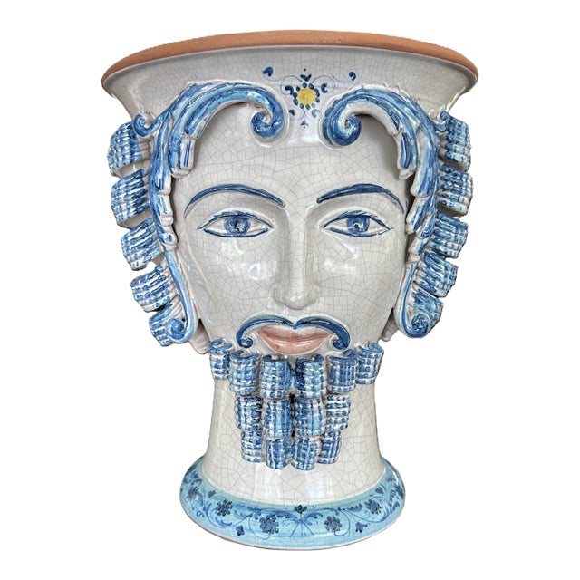 Large Italian Sicilian Moor's Head Ceramic Planter, Blue & White Majolica Style For Sale