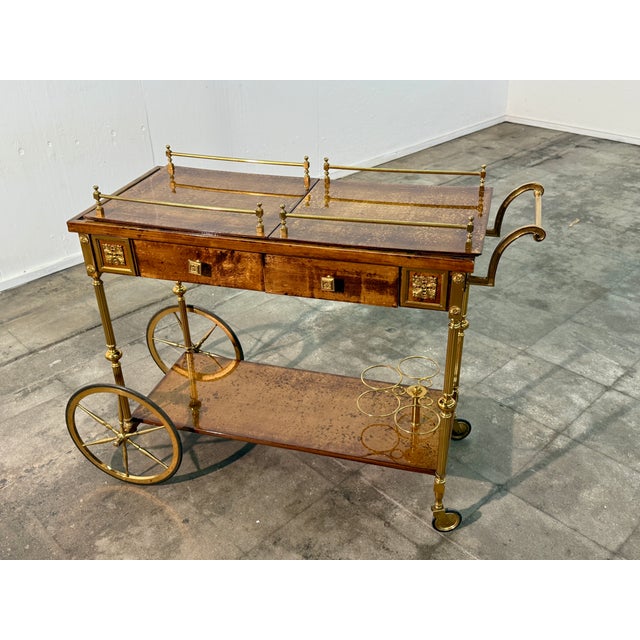 Italian Burl Wood and Brass Bar Cart, 1950s For Sale - Image 14 of 15