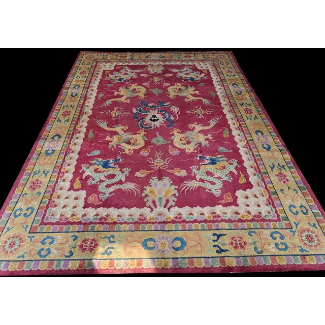 1920s Deep Field Red 9 Dragon Design Traditional Antique Chinese Art Deco Rug For Sale - Image 4 of 8
