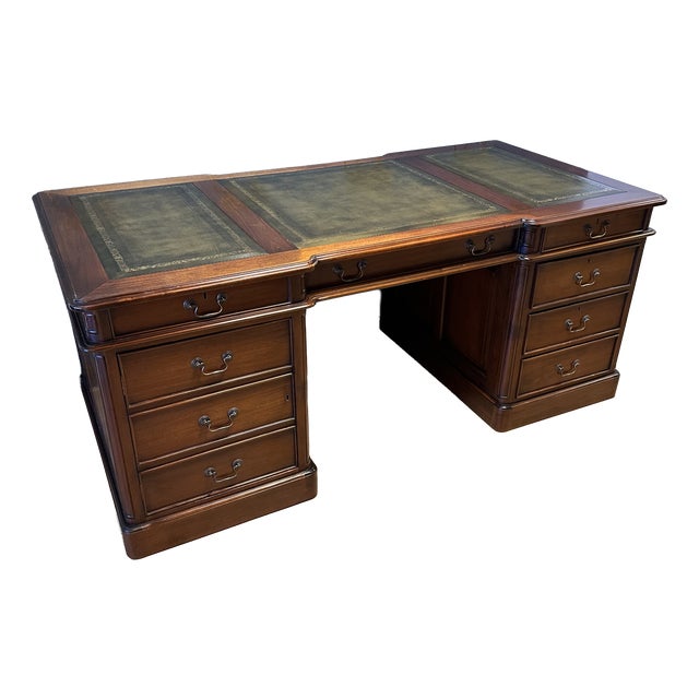Large Mahogany Desk with Green Leather Top, 1990s For Sale