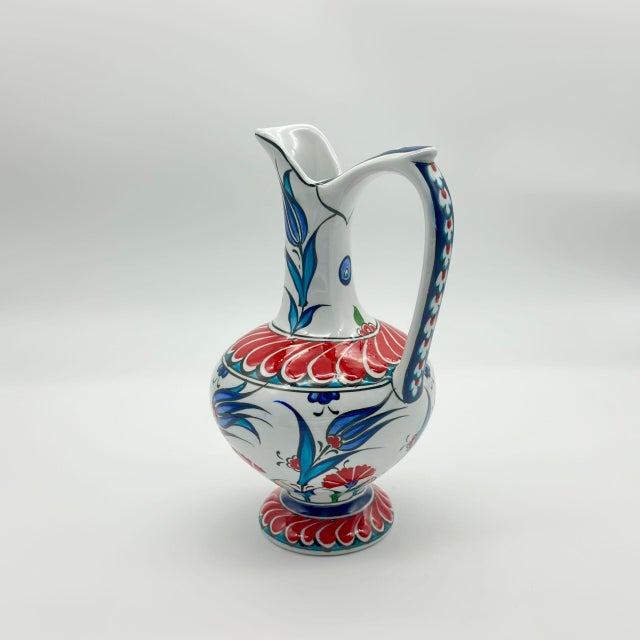Handmade Ceramic Pitcher (20cm) – Red Petal Collar & Blue Tulips – Compact Lion’s Mouth Vase For Sale - Image 9 of 11