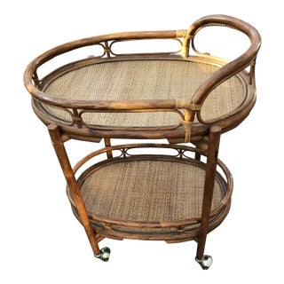 1970s Boho Chic Rattan Folding Double Tray Bar Cart For Sale