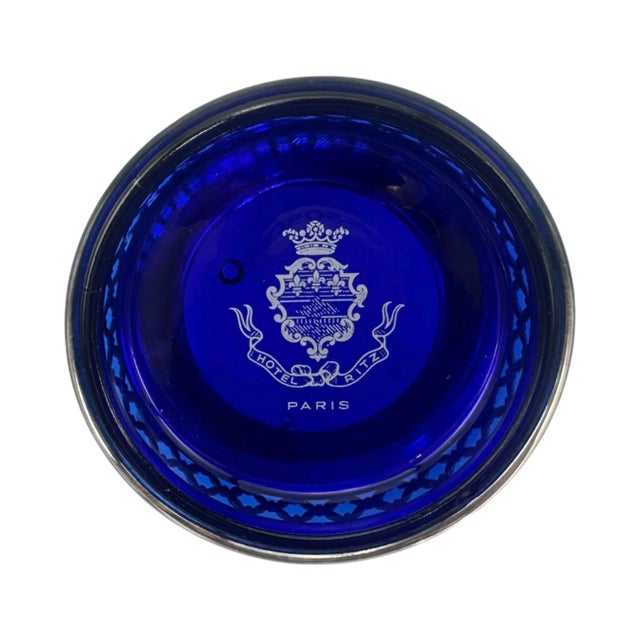 French Vintage Ritz Paris Cobalt Blue Glass Dish Silver Stand Hotel Ashtray France For Sale - Image 3 of 11