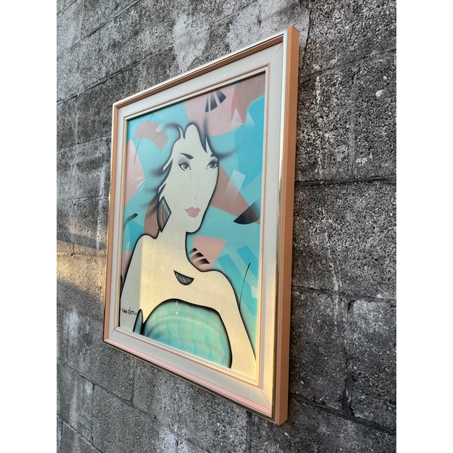 Postmodern Post Modern Oil Painting in the Patrick Nagel Style, Framed and Signed by the Artist. Circa 1980s. For Sale - Image 3 of 15