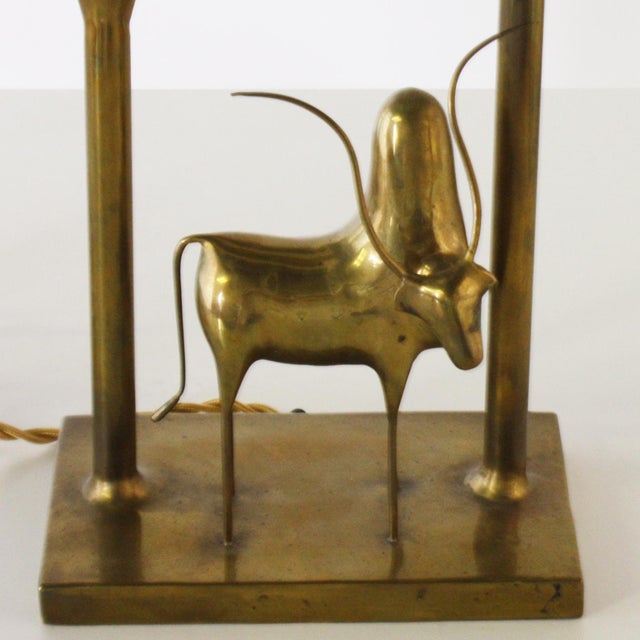African Brass Lamp With Brass African Cow Detail, C. 1970 For Sale - Image 3 of 5