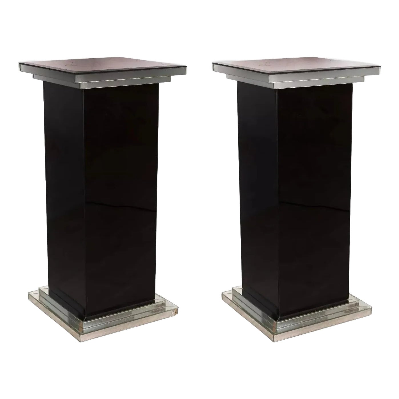 Pair of Black and Chrome Mirrored Post Modern Pedestals | Chairish