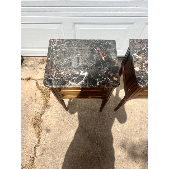 French 19th Century Louis XVI Pair of Walnut Marble Top Night Stands For Sale - Image 11 of 11