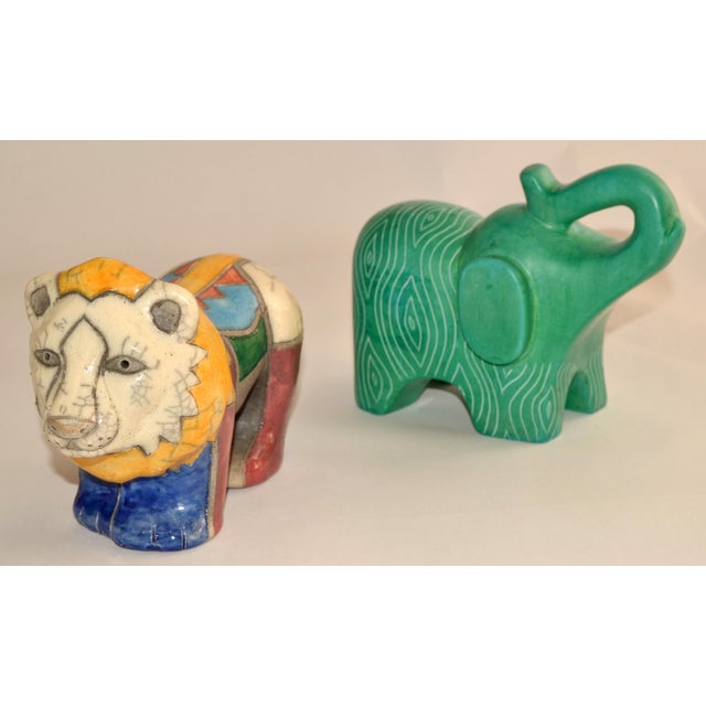 1950 South African Handmade Colorful Raku Ceramic Lion Animal Sculpture Folk Art For Sale - Image 17 of 18