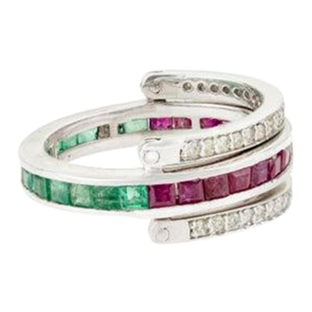 Natural Emerald Ruby Diamond Multi-Stone Spinner Band Ring in 925 Silver, Size 8 For Sale