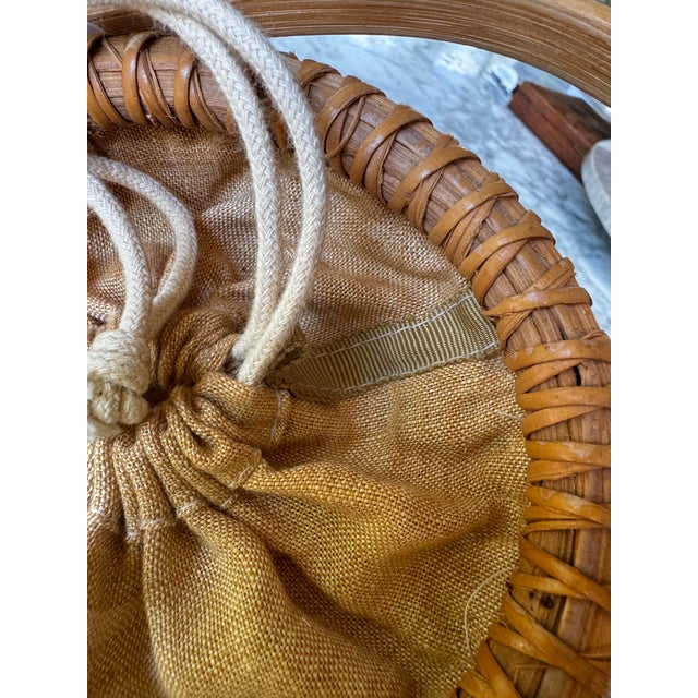 Vintage Nantucket Woven Sewing Basket With Moving Handle, Drawstring Liner & Matching Pin Cushion For Sale - Image 9 of 11