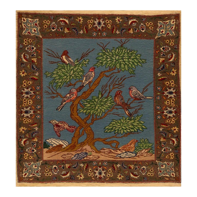 1930s Blue Animalistic Antique Persian Tabriz Rug 2' X 2' 3" Handknotted Wool Carpet For Sale