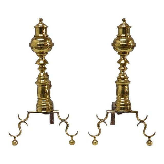 1920s Federal Style Brass Beehive Fireplace Andirons C1920 For Sale - Image 5 of 10