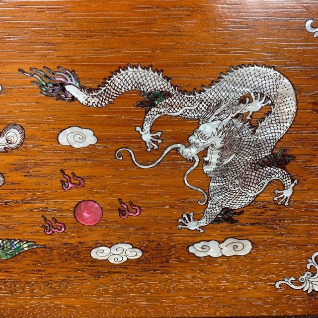 Asian 1980s Rosewood Jewelry Box / Mother of Pearl Inlay Dragon & Phoenix Motif For Sale - Image 3 of 9