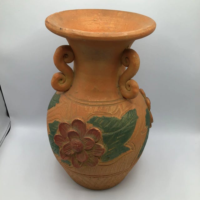 Large Hand Thrown 3 Handle Terra-Cotta Vase Floral Decorated For Sale In Sacramento - Image 6 of 13