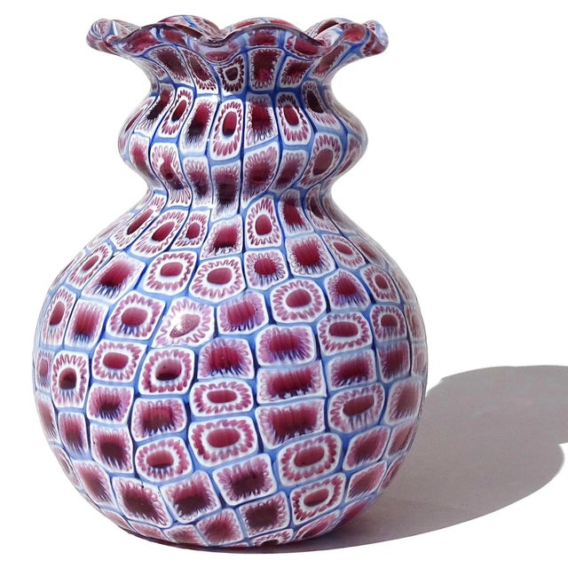 Mid 20th Century Vintage Murano Fratelli Toso Amethyst Pink Blue White Millefiori Flower Mosaic Italian Art Glass Bud Vase For Sale - Image 5 of 9