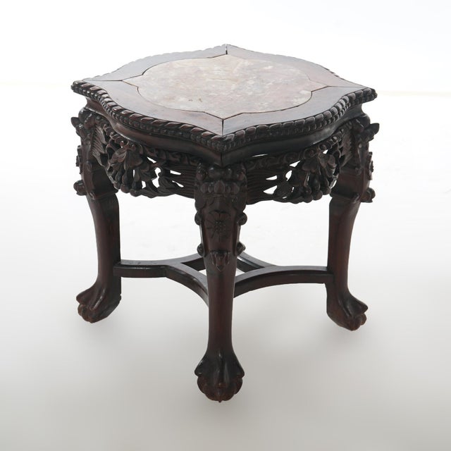 Brown Antique Chinese Carved Rosewood Marble Top Low Table 1890 For Sale - Image 8 of 8