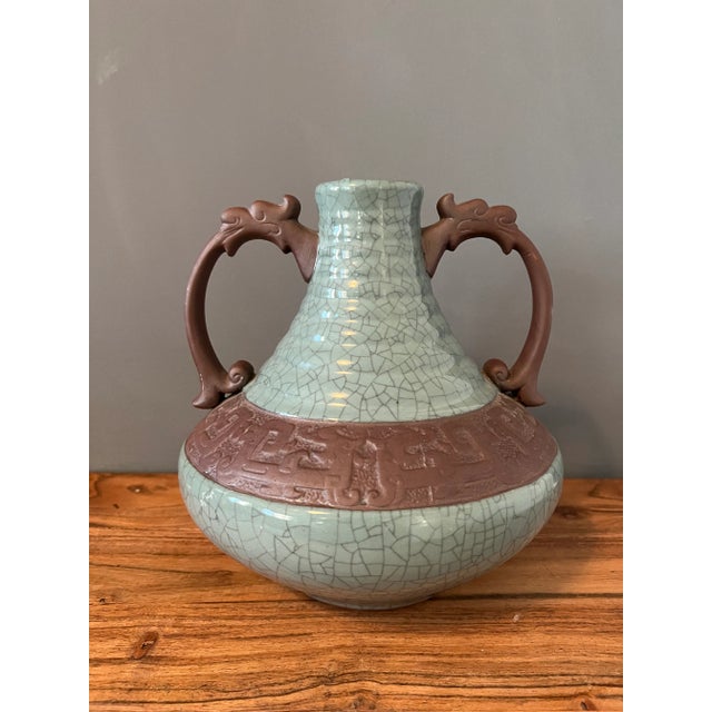 Teal Vintage 1940s Asian Vase For Sale - Image 8 of 8