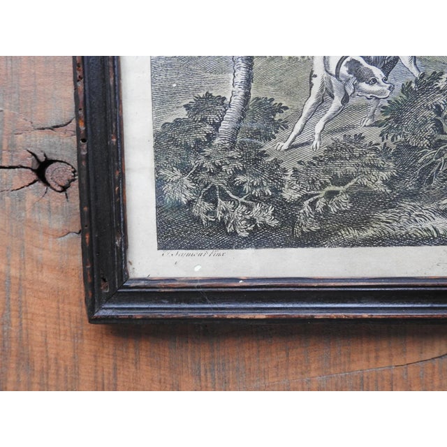 Hand colored engraving on paper of hunting scene with horse and rider, dogs and rabbit. After James Seymour, titled...