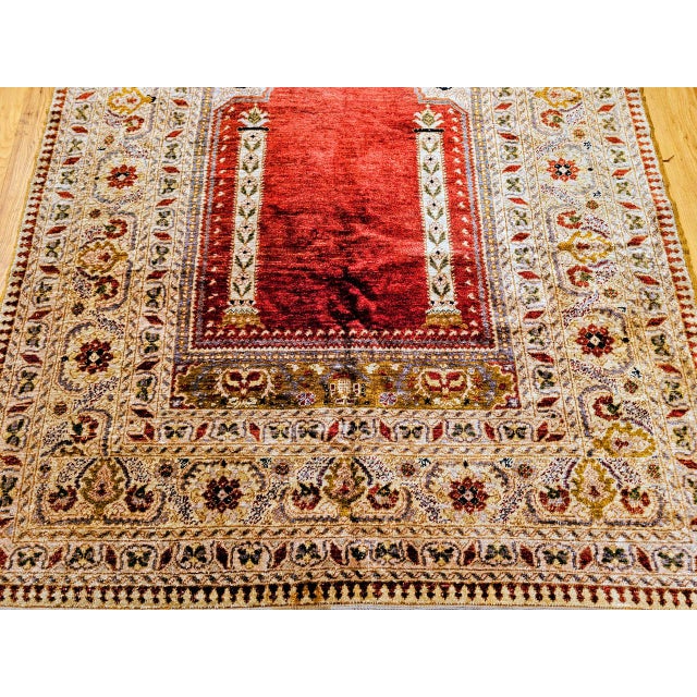 Antique Turkish Silk Prayer Area Rug, Late 19th Century, Red & Gold, 4' x 6' For Sale - Image 11 of 16