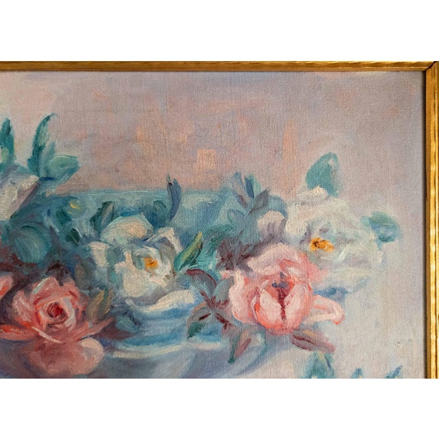 Blue 1930's American Impressionist Still Life Painting of Flowers in a Bowl, Signed For Sale - Image 8 of 16