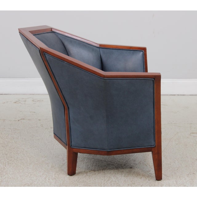 1990s Stickley Cherry Blue Leather Club Chair For Sale - Image 5 of 16