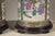 A pair of vintage hand-painted rose medallion Chinese table lamps depicting court scenes, birds and flowers in green, pink...