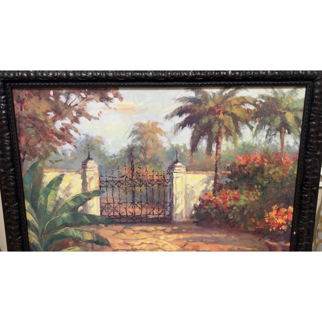 Mid-Century Modern Mid 20th Century Framed Tropical Courtyard Oil Painting | Ornate Carved Wood Frame For Sale - Image 3 of 4