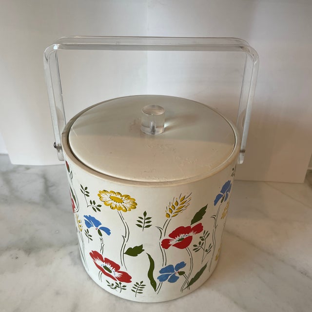 Vintage Mid Century Primary Floral Vinyl Ice Bucket Clear Acrylic Handle & Knob